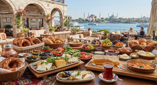 Teras katında serpme Türk kahvaltısı
