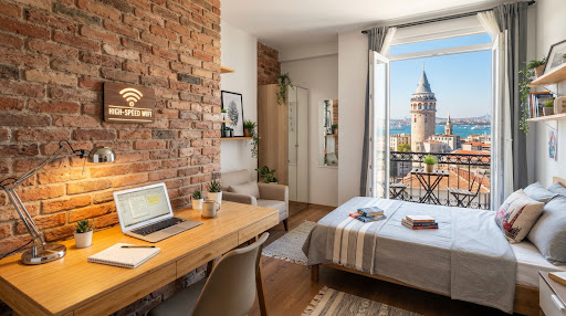 Tuğla duvarlı stüdyo, çalışma masası ve Galata manzaralı Fransız balkon
