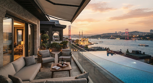 Boğaz'a bakan sonsuzluk havuzu ve taş balkon, gün batımı